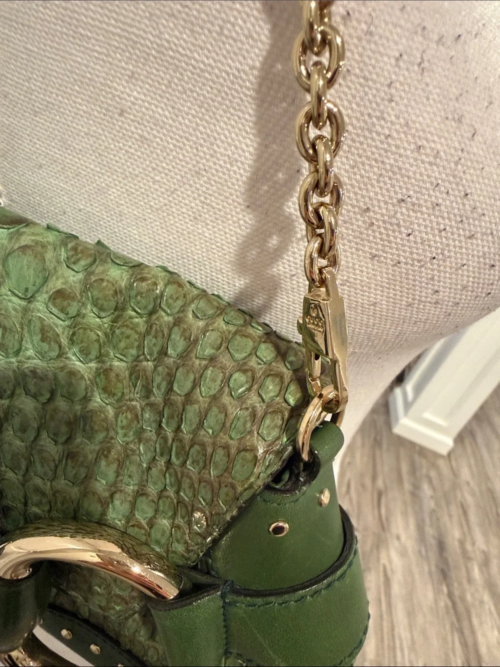 Tom Ford for Gucci 2004 Green Python Horsebit Chain Clutch Shoulder Bag Rare